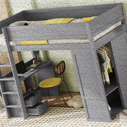 Hoogslaper – Stapelbed – Kinderbed – Eenpersoonsbed – Meubelbed – Ruimtebesparend Design – Stevige Niet-Houten Constructie – Inclusief Kledingkast, Bureau en Lade – Neutraal Grijs – Eenvoudige Montage