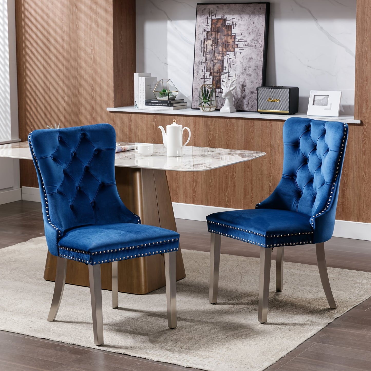 Eetkamerstoel – Stoel – Kuipstoel – Set Van 2 – Draaistoel – Blauw – Chroom Onderstel – Stof Bekleding – Ergonomisch Comfortabele Zitting