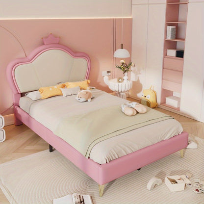 Upholstered Bed – Bedframe – Slaapbank – Bed Met Hoofdbord – Eenpersoonsbed – Roze Wit PU Bekleed – Veiligheidspadding – Metaal Metalen Poten – Elegant Contour Design – 90x200 cm