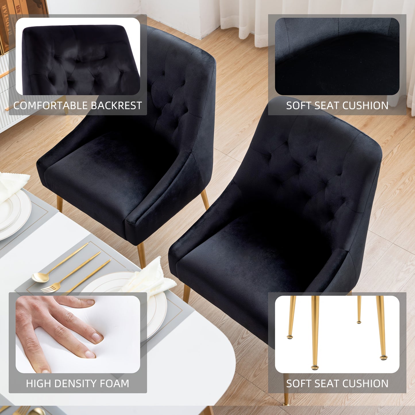 Eetkamerstoel – Stoel – Dining Chair – Dinerstoel – Eetkamerstoel Set – Grijs Fluweel – Gouden Metalen Poten – Comfortabele Zitting – Stevig Frame