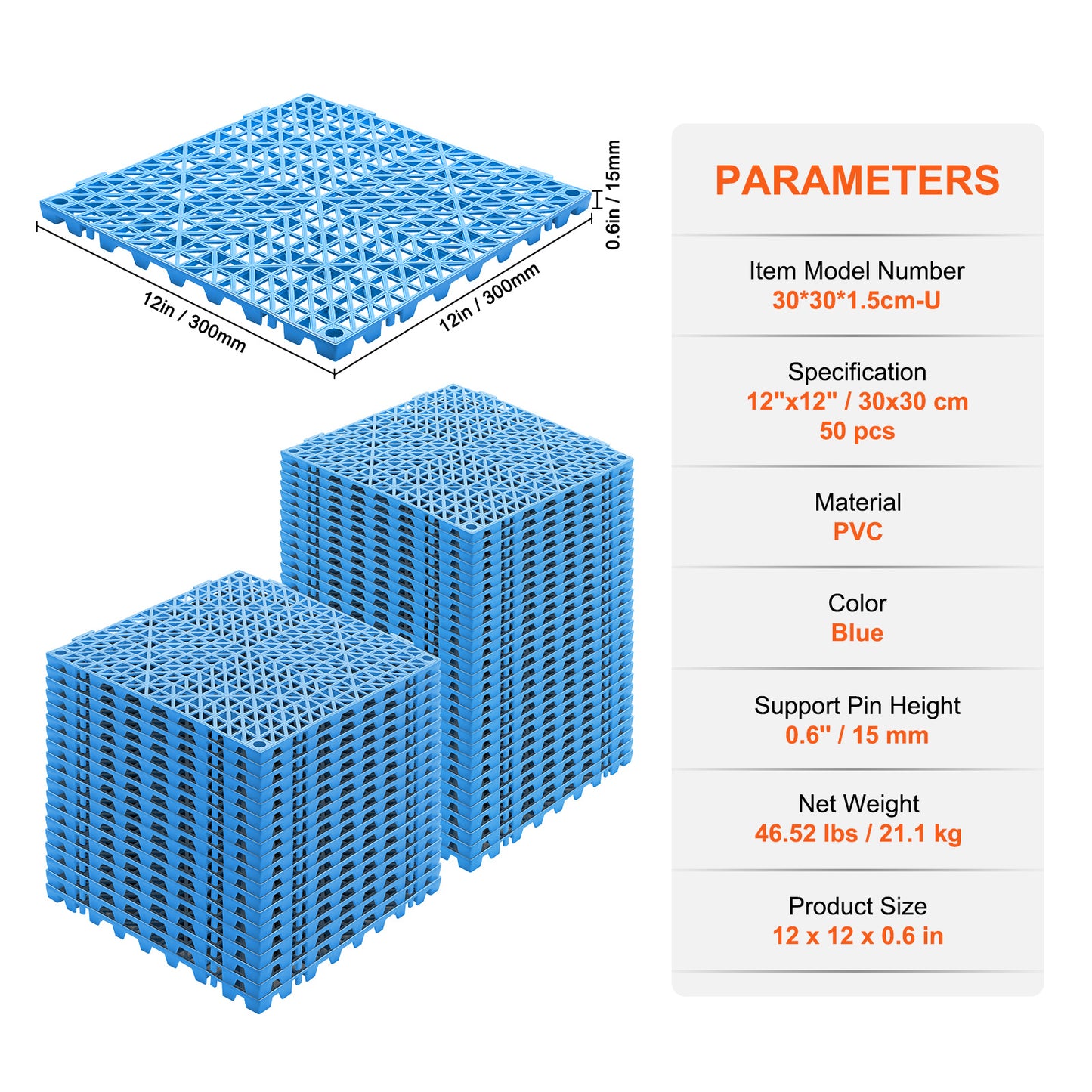 Drainagematten – Afwateringsmatten – Antislip Matten – Natte Vloermatten – PVC Vloer Tegels – 50 Stuks 30x30 cm – Snelle Afwatering en Veilig Antislip oppervlak – Blauwe Modulair Klikbaar Systeem