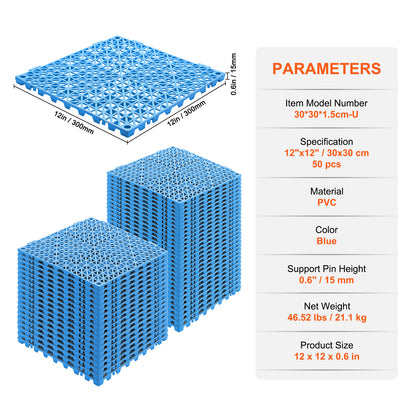 Drainagematten – Afwateringsmatten – Antislip Matten – Natte Vloermatten – PVC Vloer Tegels – 50 Stuks 30x30 cm – Snelle Afwatering en Veilig Antislip oppervlak – Blauwe Modulair Klikbaar Systeem