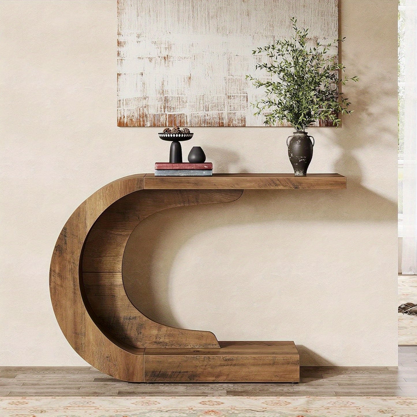 Entryway Console Table – Hallway Table – Foyer Table – Living Room Table – Accent Table – C-Shaped Mid-Century Design – Compact 110 cm Wide Brown Wood
