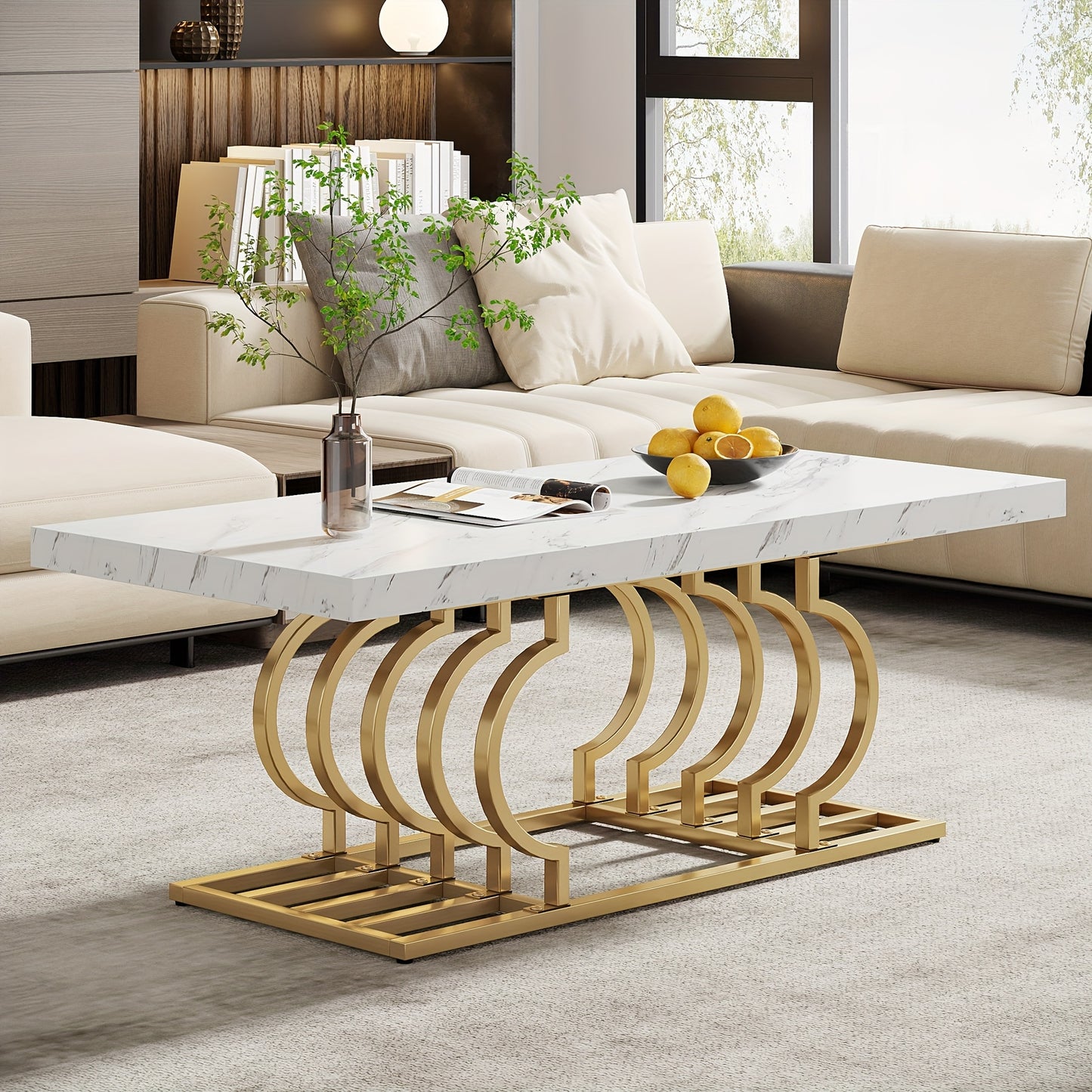 Salontafel – Koffietafel – Tafel – Woonkamertafel – Bijzettafel – Rechthoekig – Kunststof Marmerlook Blad – Goudkleurig Metalen Frame – 120x60 cm – Eenvoudig te Monteren