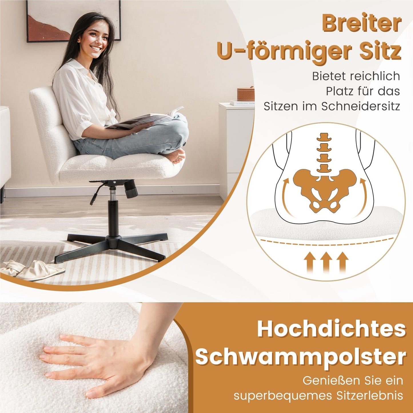 Bureaustoel – Office Chair – Werkstoel – Studeerstoel – Make-up Stoel – Verstelbare Zithoogte – Schommelingsfunctie – Beige – Armless – Comfortabel Schuim