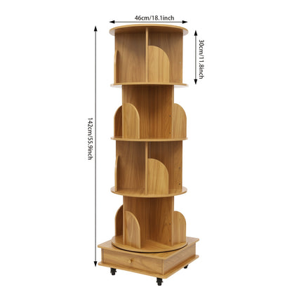 Boekenplank – Boekenrek – Wandplank – Boekenkast – Opbergmeubel – Draaibaar 360° – Massief Hout – 4 Lagen – Verrijdbaar – Compact 46x46x142 cm