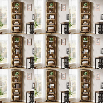 Boekenrek – Boekenkast – Boekenplank – Wandrek – Opbergkast – 5-Lagen Hoekplank – Hoog 182 cm – Stevig MDF Metalen Frame – Space-Saving Design Rustiek Bruin