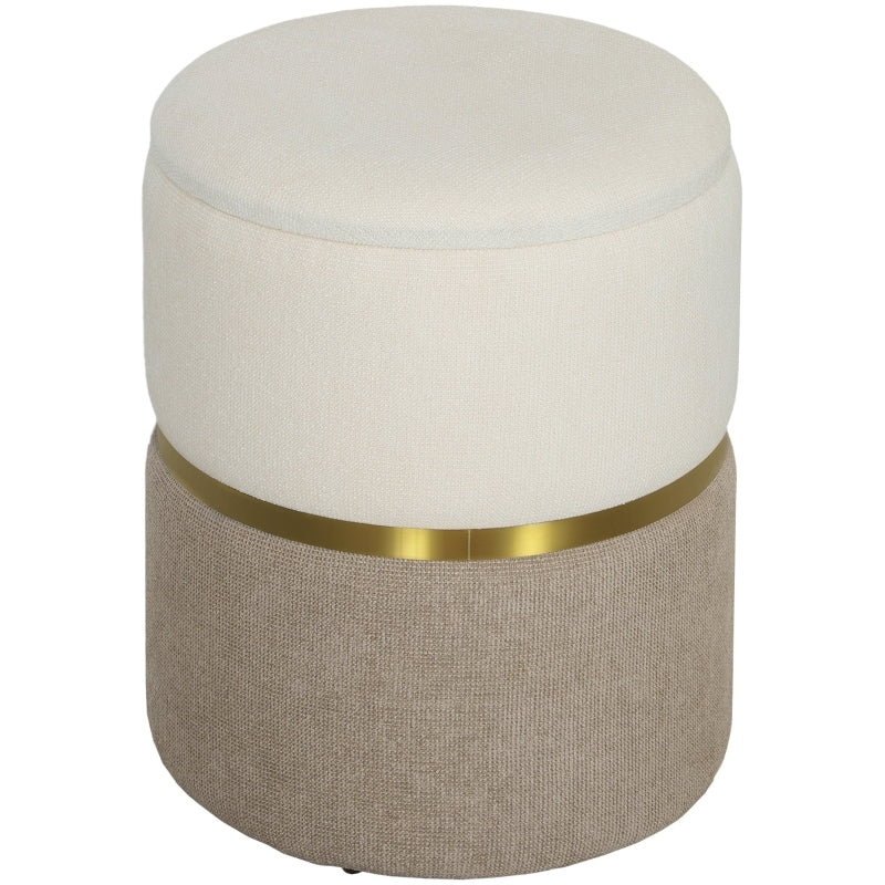 Poef – Opbergpoef – Zitzak – Voetenbankje – Hocker – Ronde Opbergpouf – Crème Wit Met Gouden Accenten – Zachte Chenille Zitting Met 30L Opbergruimte – Stevige MDF Constructie Met Metaalring 36x36x44 cm