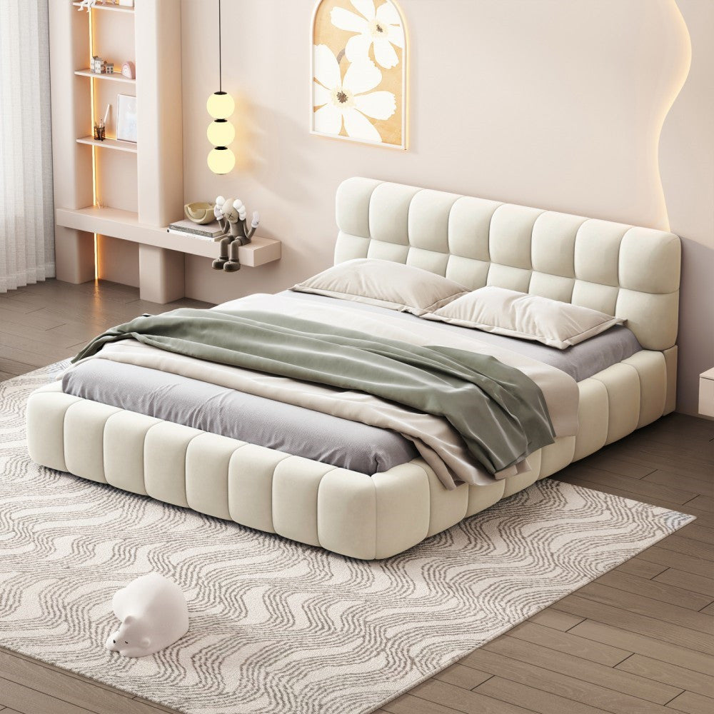 Tweepersoonsbed – Gestoffeerd Bed – Bedframe – Slaapbank – Boxspring – 140x190 cm – Ademend Linnen Stof – Comfortabel Hoofdbord