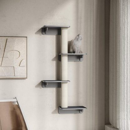 Wandklimwand Voor Katten – Krabpaal Wandmeubel Klimrek Kattenhoek – Lichtgrijs Beige – Houten Muurmontage – Compact Formaat 66x28x137 CM – Stevig Duurzaam Materiaal