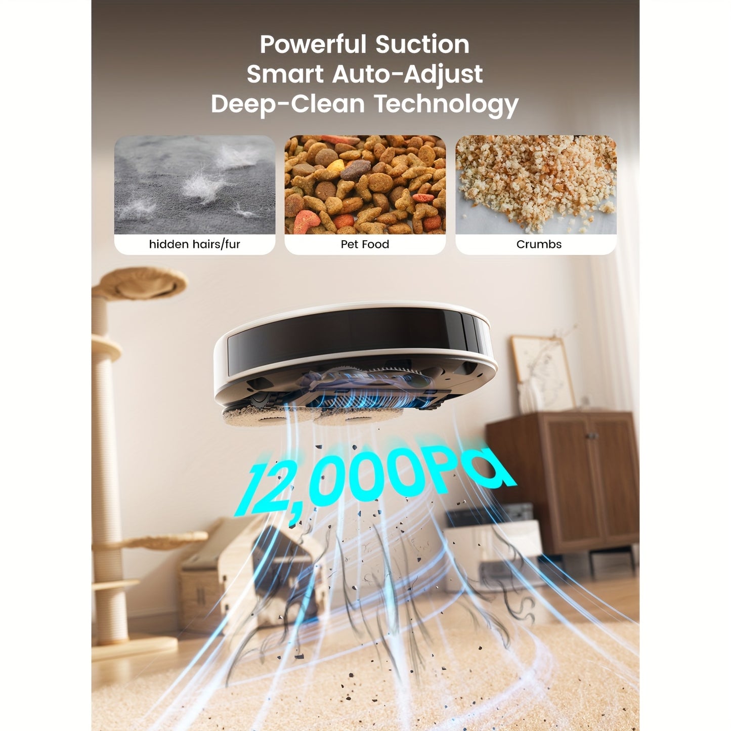 Robotstofzuiger – Robotstofzuiger met dweilfunctie – Automatische stofzuiger – Slimme schoonmaker – Zelflegende robot – Krachtige 12.000 Pa zuigkracht – Anti-tangle borstel met dual spinning dweil