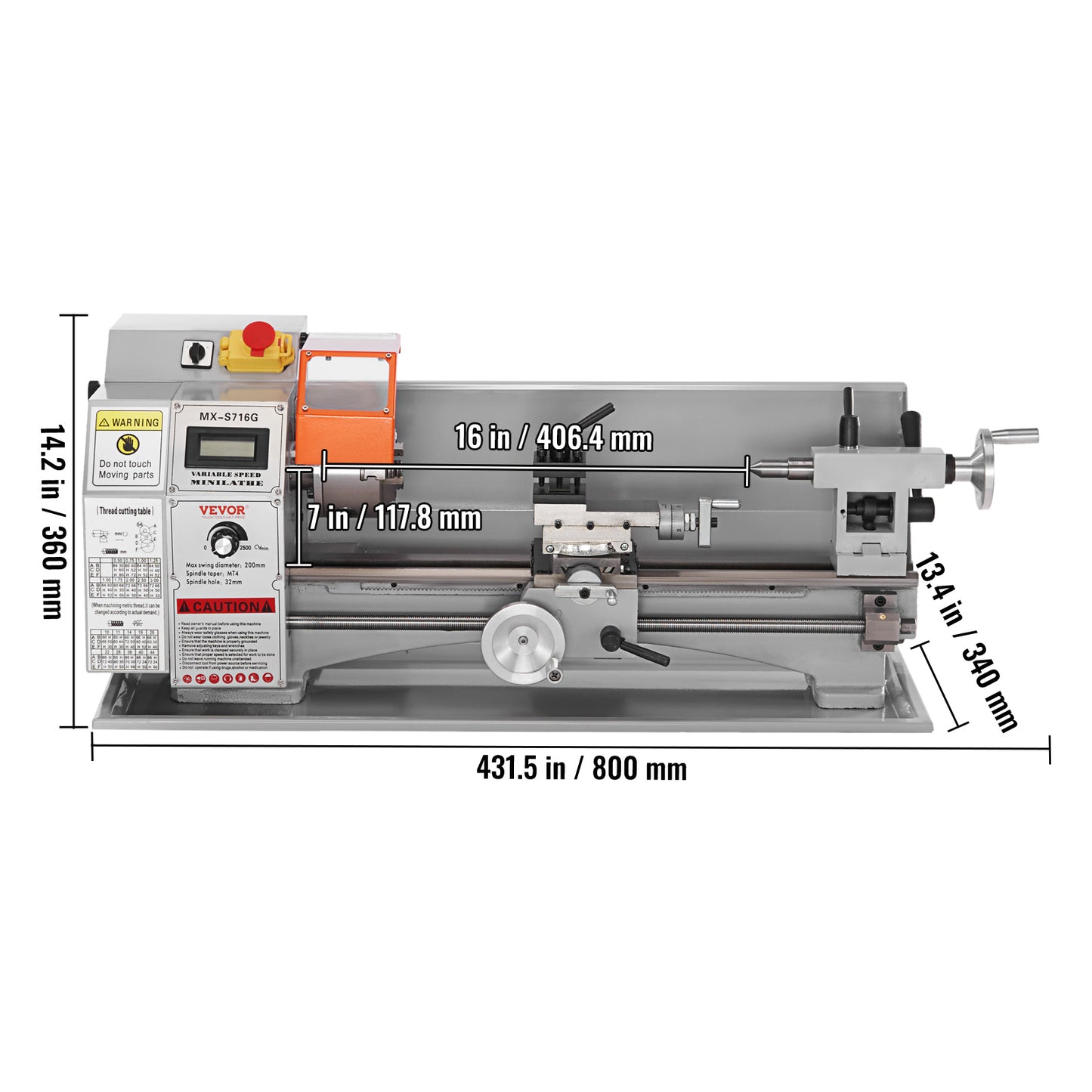 Metaaldraaibank – Mini Draaibank – Precisiedraaibank – Benchtop Draaibank – Metaalbewerking Machine – 7'' x 16'' Compact – 800W Borstelloze Motor