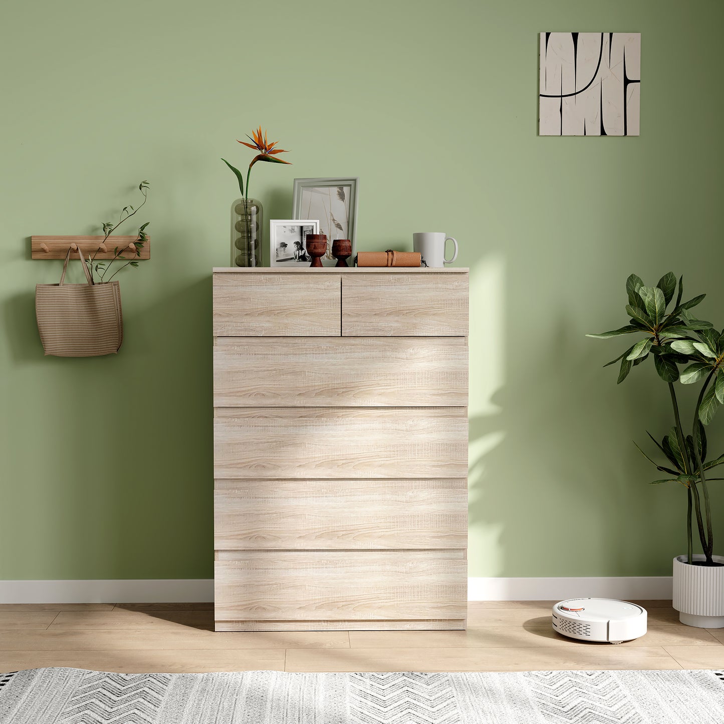 Commode – Ladekast – Dressoir – Kast – Opbergkast – Natuurlijk Hout – 6 Lades – Anti-Kantelbeveiliging – Strak Minimalistisch Design