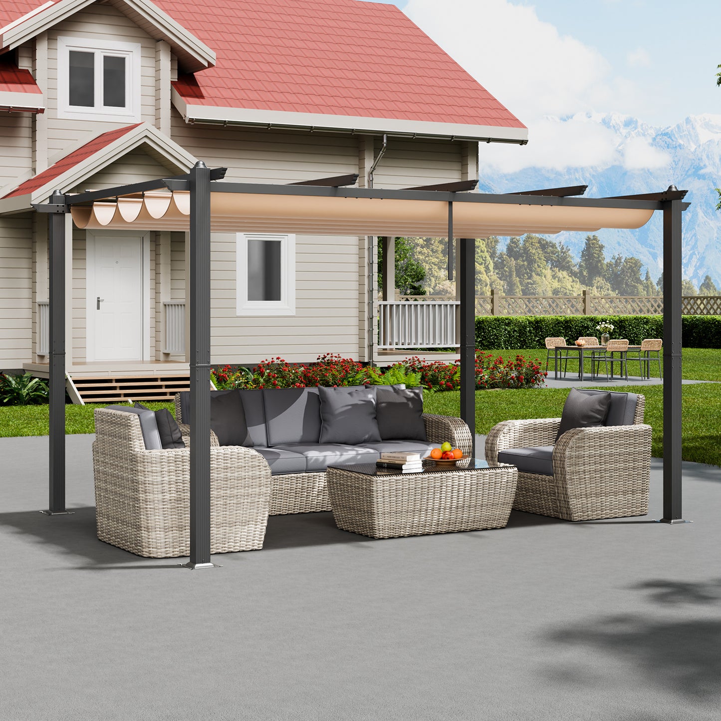 Pergola – Overkapping – Zonnescherm – Tuinoverkapping – Uitschuifbare Luifel – Aluminium Frame – 3x4 Meter – Beige