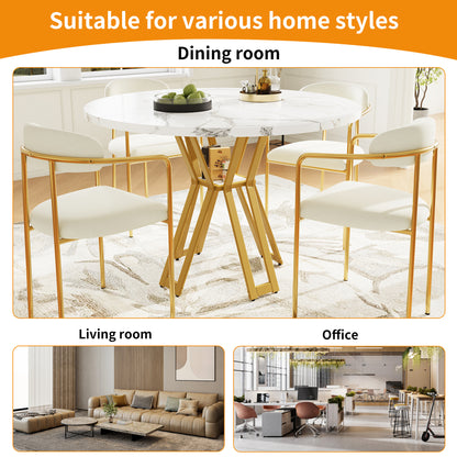 Ronde Eettafel – Ronde Tafel – Design Eettafel – Marmerlook Tafel – Keukentafel – MDF Tafelblad Marmerstructuur – Stevig Gouden Metalen Frame – 100 cm – Voor 4-6 Personen