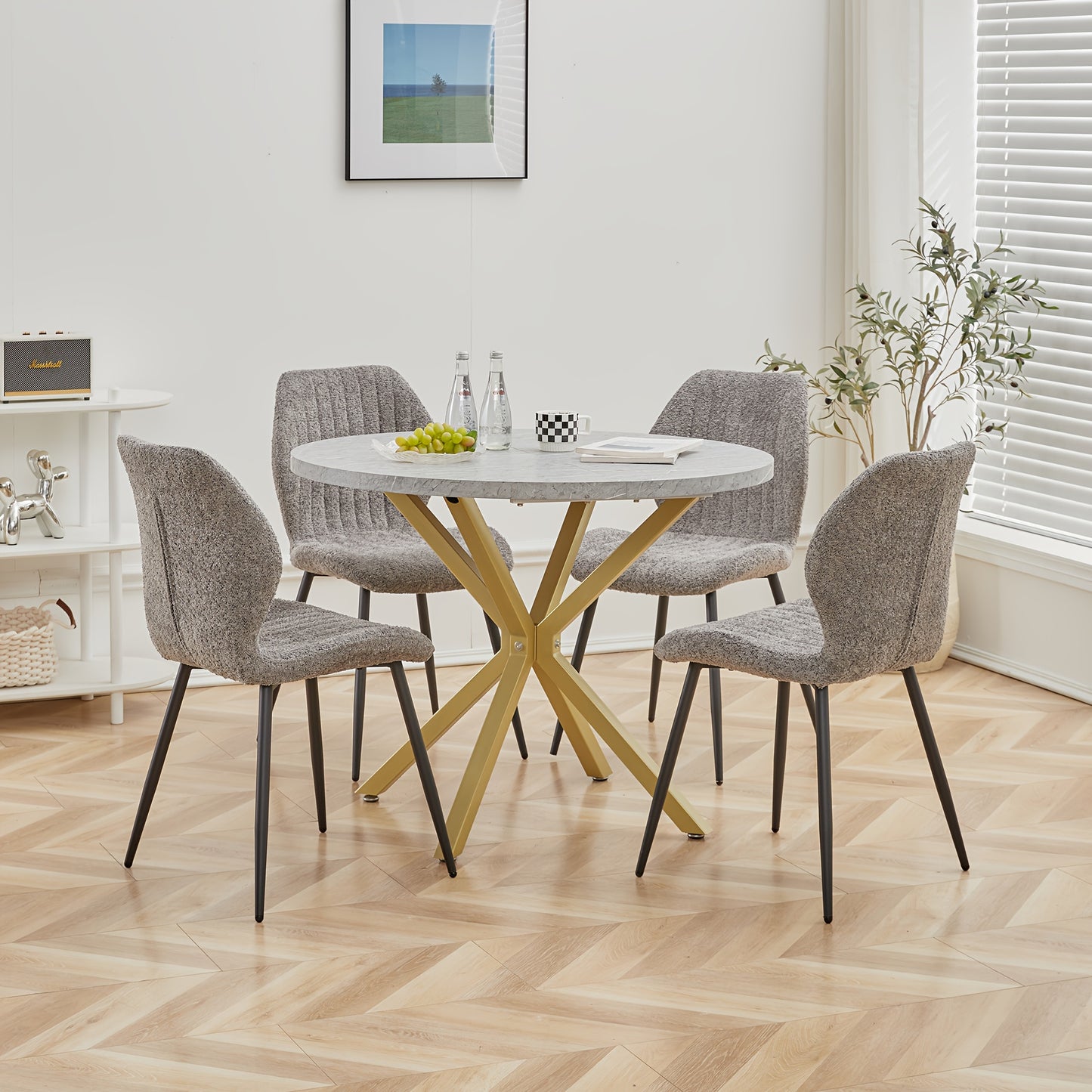 Ronde Eettafel – Eettafel Rond – Keukentafel – Tafel 4 Personen – Eettafel 6 Personen – 100 cm Diameter – MDF Marmerprint – Metalen X-Poot – Kras- en Hittebestendig – Compact Ruimtebesparend – Grijs