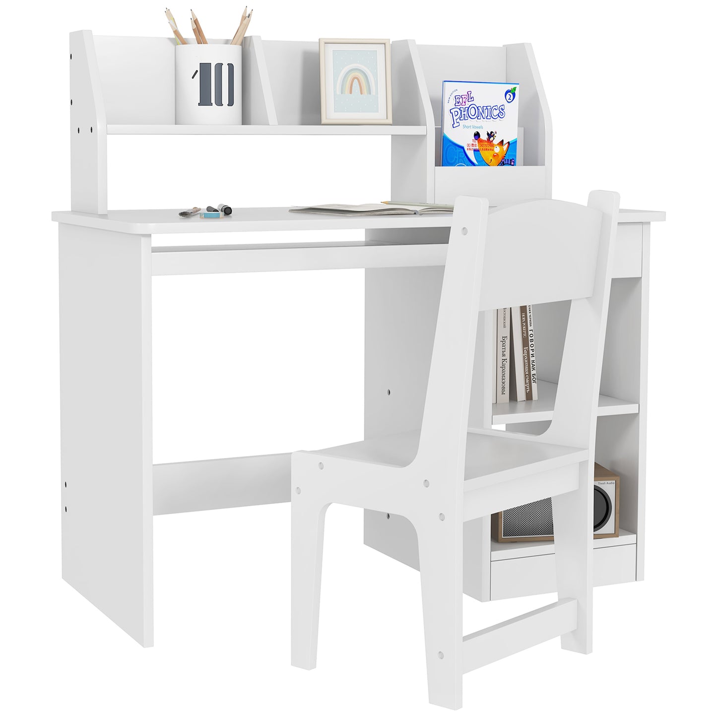 ZONEKIZ Office Set with Desk And Chair for Children Aged 5-8 with Many Storage Compartments, Sliding Tablet, And Drawer Ideal for Writing, Reading, And Drawing, White