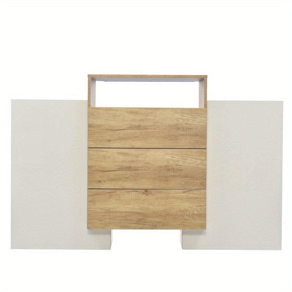 Dressoir – Sideboard – Opbergkast – Ladekast – Buffetkast – Hoogglans Wit Met Houten Accent – Compact 140 cm Hoog