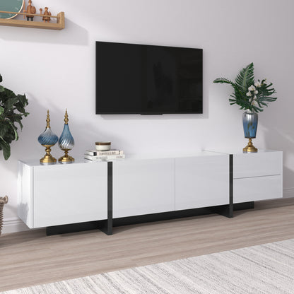 Tv-meubel – Tv-kast – Lowboard – Dressoir – Meubel – Hoogglans Wit Met Mat Zwarte Poot – 190 cm Breed Met 3 Deuren En 2 Lades