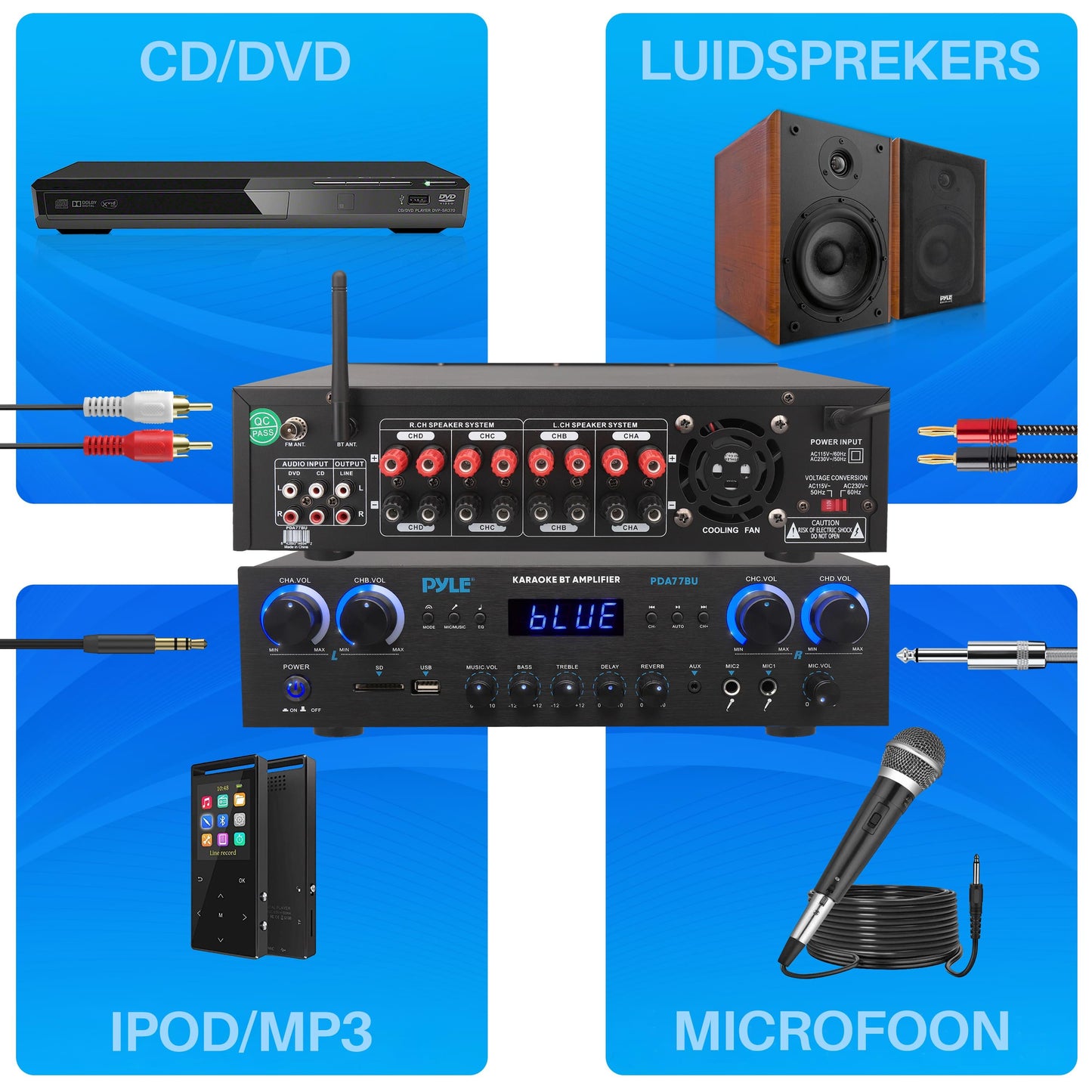 4-Kanaals Audioversterker – Versterker – Receiver – Audio Amplifier – Bluetooth Versterker – 800W Vermogen – Draadloze Bluetooth 5.0 & 2 Microfooningangen met Reverb en Delay
