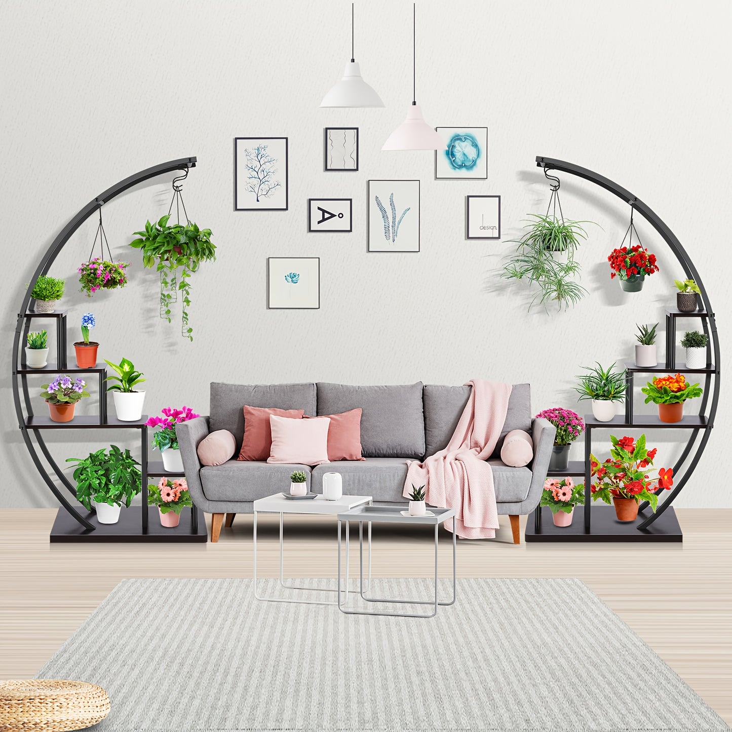 Plantenstandaard – Plantenrek – Bloemenrek – Plantenhouder – Bloemenhouder – 5 Laags Metalen Halvemaan Design – 4 Haken Voor Extra Gebruik – 60,96x35,56x144,78 cm – Geschikt Voor Binnen & Overdekt Buiten