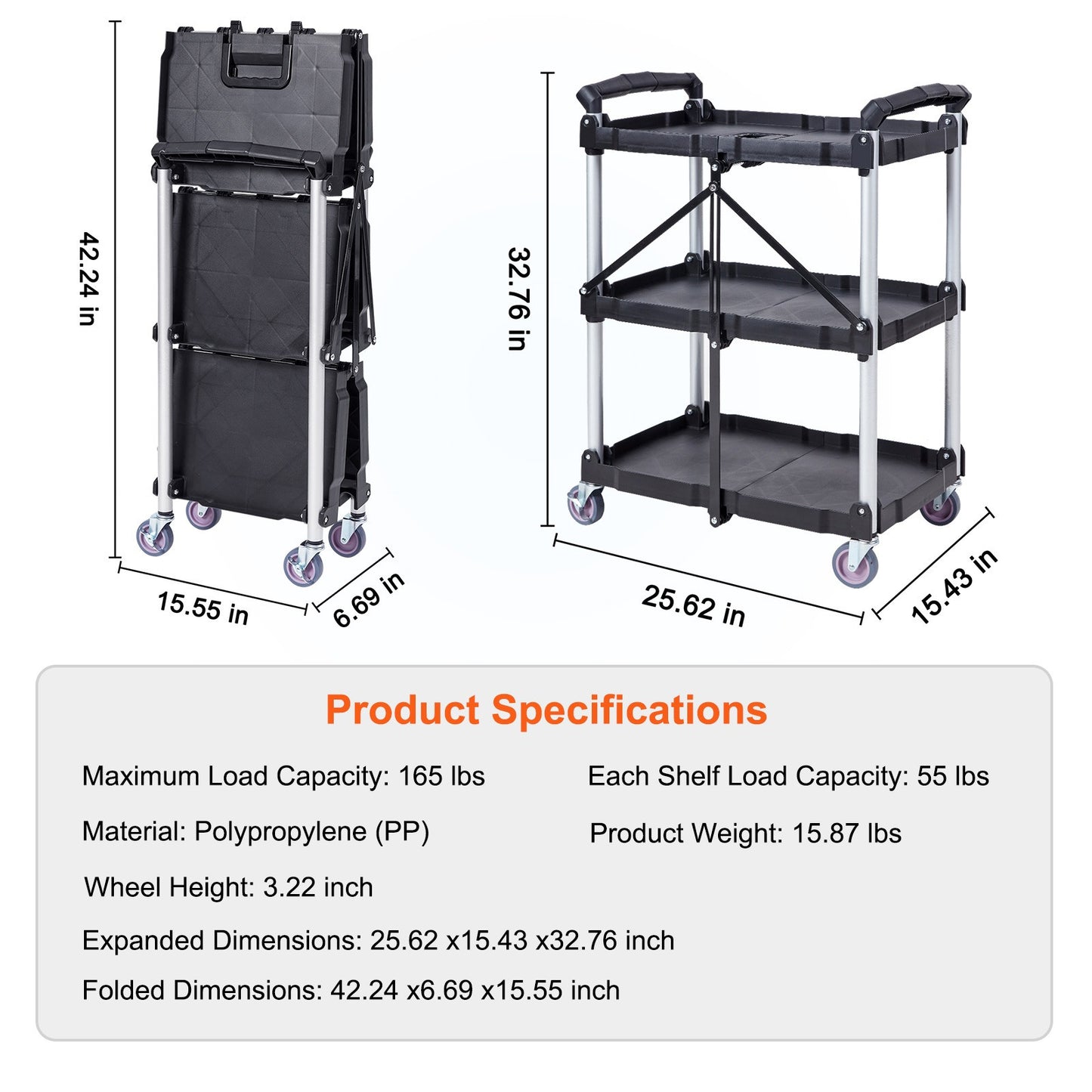 Opvouwbare Servicekar – Transportkar – Stevige Kar – Trolley – Werkwagen – 3 Planken – Draagkracht 165 kg – Vergrendelbare Zwenkwielen