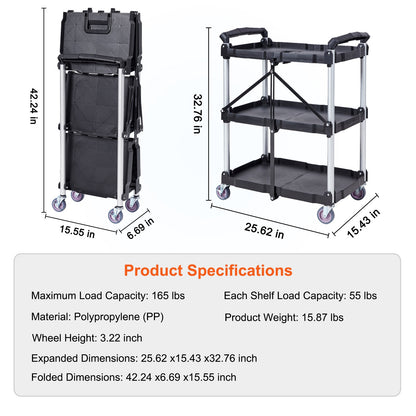 Opvouwbare Servicekar – Transportkar – Stevige Kar – Trolley – Werkwagen – 3 Planken – Draagkracht 165 kg – Vergrendelbare Zwenkwielen