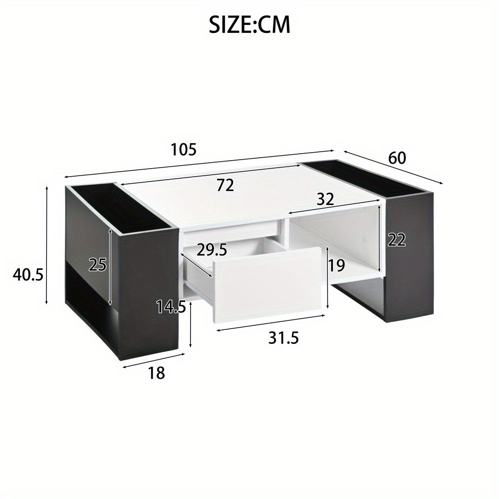 Salontafel – Woonkamertafel – Koffietafel – Tafeltje – Bijzettafel – Zwart-Witte Hoogglans Uitvoering – 4 Open Vakken & 2 Lades – Duurzame Constructie – Geen Montage