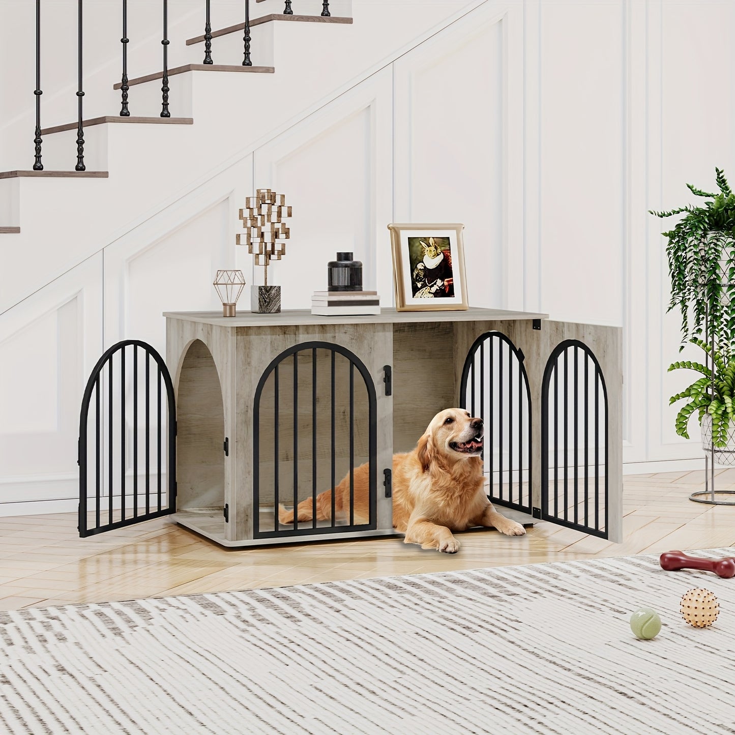 Dog Cage Furniture, 100cm Dog Box, 3 Doors, Arched Door, Modern Indoor Dog Box for Dogs Up to 100kg, Side Table, Dog Cage for Home