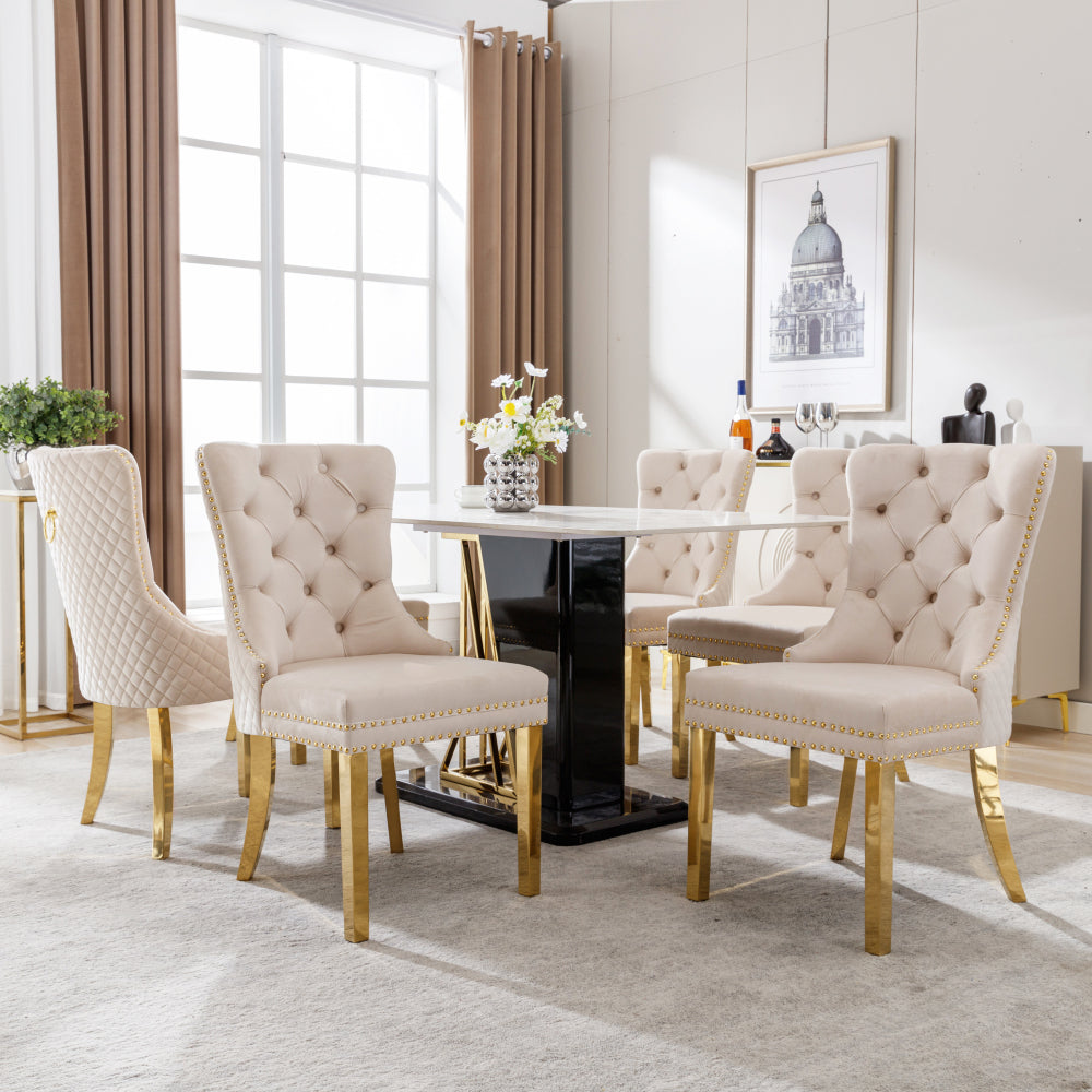 Eetkamerstoelen – Stoelen – Kuipstoelen – Keukenstoelen – Dining Chairs – Set van 2 – Beige Velvet Bekleding – Gouden Metalen Poten met Nagelrand