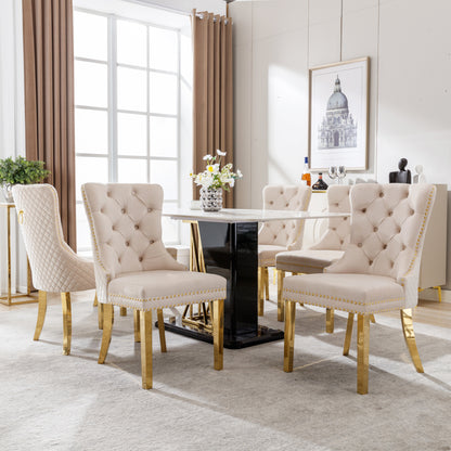 Eetkamerstoelen – Stoelen – Kuipstoelen – Keukenstoelen – Dining Chairs – Set van 2 – Beige Velvet Bekleding – Gouden Metalen Poten met Nagelrand