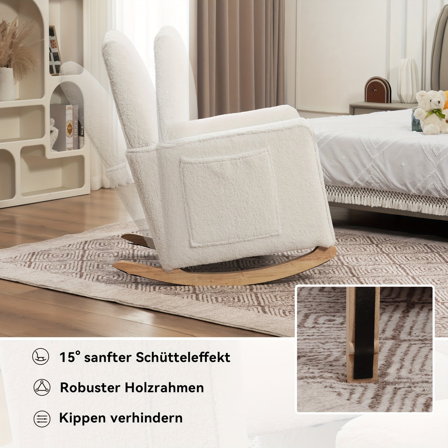Lounge Schommelstoel – Relaxstoel – Fauteuil – Woonkamerstoel – Schommelstoel Met Voetenbankje – Wit – Hardhouten Frame – Zachte Teddy Bekleding