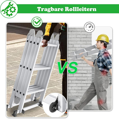 Multifunctionele Ladder – Aluminium Ladder – Vouwladder – Steigerladder – Werkplatform Ladder – 580cm 4x5 Sprossen – Lichtgewicht & Met 2 Afneembare Werkplatforms en Wielen