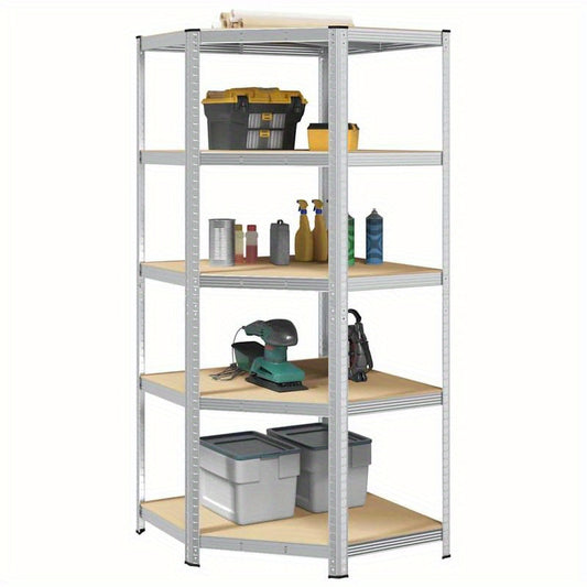 Corner Shelf with 5 Shelves Silver Steel & Wood Material Steel Frame Storage Rack, Garage Storage Rack, Suitable for Living Room, Kitchen, Bathroom, Home, Lobby, Courtyard, Corner Shelves