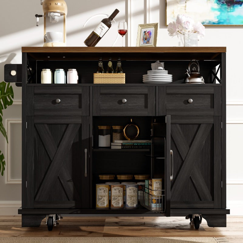 Modern Kitchen Island Cart 118x43x80x98cm - Metal Frame with Wood Grain Black Finish, 4 Locking Wheels, Removable Partitions & Towel Holder, Multifunctional Storage Cabinet for Dining & Living Spaces, Kitchen Furniture, Versa