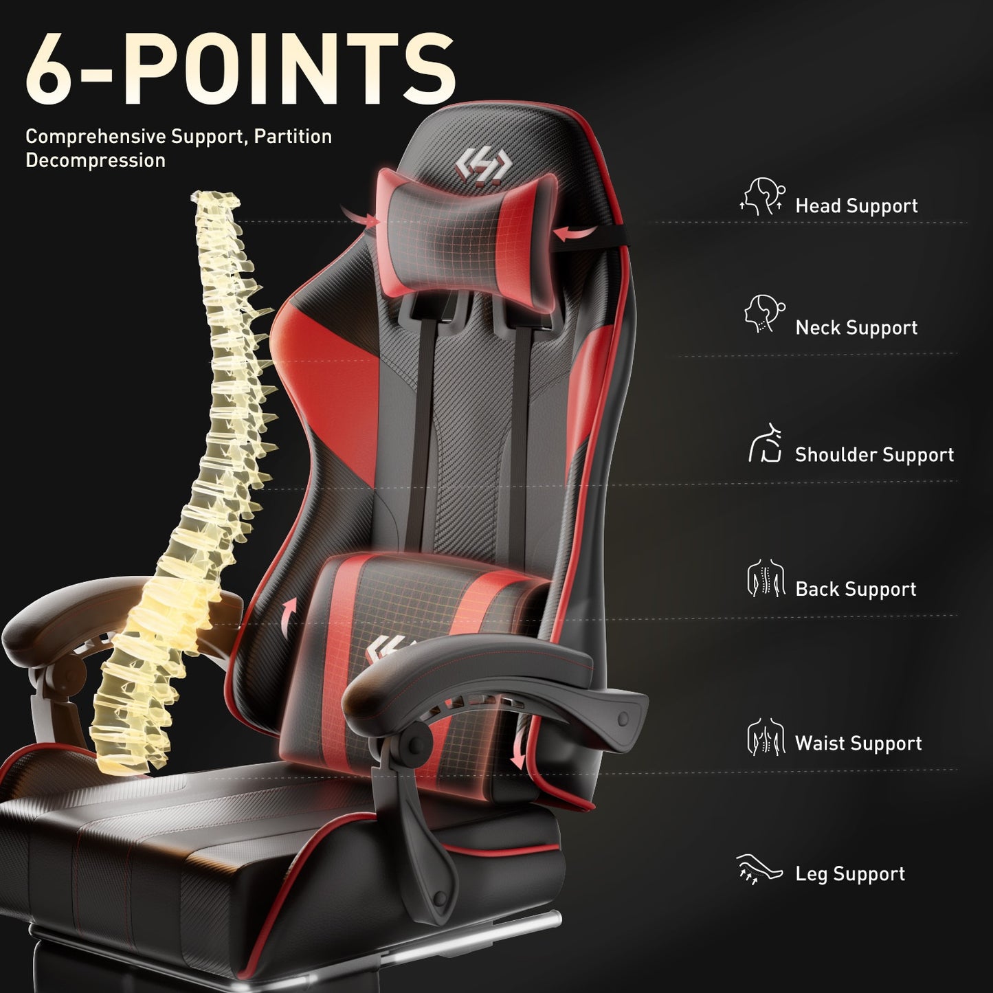Gamingstoel – Bureaustoel – Office Chair – Game Chair – Draaistoel – Met Memory Foam Lendensteun – Uitschuifbare Voetensteun Zwart/Rood