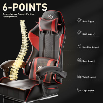 Gamingstoel – Bureaustoel – Office Chair – Game Chair – Draaistoel – Met Memory Foam Lendensteun – Uitschuifbare Voetensteun Zwart/Rood