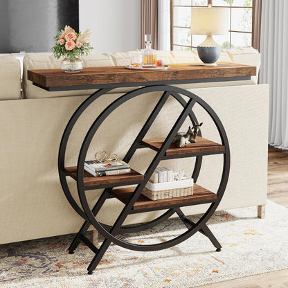 Industriële Sidetable – Haltafel – Wandtafel – Opbergtafel – Bijzettafel – Rustiek Bruin – Geometrisch Metalen Frame – 4 Niveaus Met Stevig 4cm Tafelblad