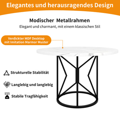 Ronde Eettafel – Tafel – Keukentafel – Ronde Tafel – Eetkamertafel – Marmerlook MDF Tafelblad – Geometrisch Metalen Onderstel – Ø100 cm – Geschikt Voor 4-6 Personen – Verstelbare Voetjes – Zwarte Poten