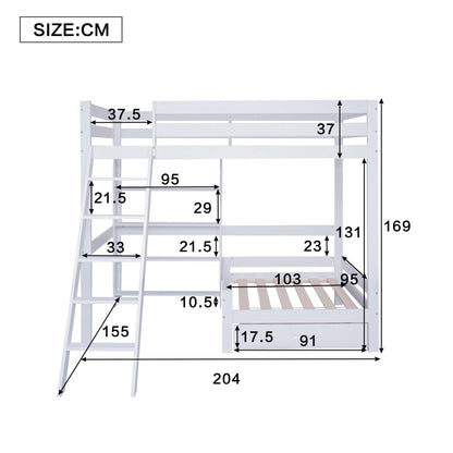 Hoogslaper – Kinderbed – Eenpersoonsbed – Halfhoogslaper – Stapelbed – Wit – 90x200 cm – Ruimtebesparend Met Sofa En Lade – Stevig Massief Houten Frame