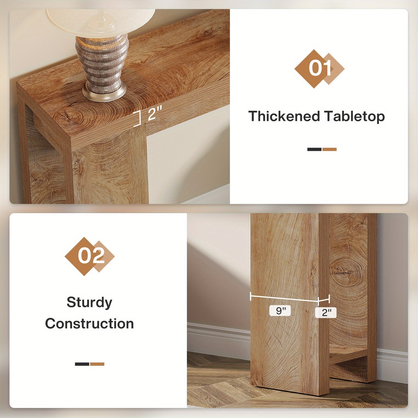 Sidetable – Consoletafel – Wandtafel – Haltafel – Bijzettafel – Houten Farmhouse Stijl – Compact 160x29,5x85 cm – Licht Eiken Bruin