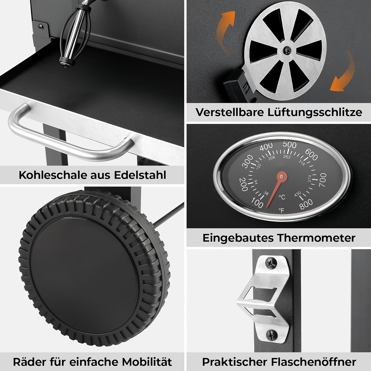 Houtskoolbarbecue – BBQ Grill – Smoker – Buitenbarbecue – Tuinbarbecue – Dubbel Grilloppervlak – Ingebouwde Thermometer – Verstelbare Houtskoolbak – Wielen Met Rem – Robuuste Metalen Constructie