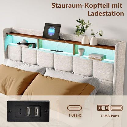 Gestoffeerd Tweepersoonsbed – Bed Met Opbergruimte – Led Bed – Bed Met Laden – Linnen Bed – 160x200 cm – Usb & Type-C Oplaadpoort – Rgb Led Verlichting