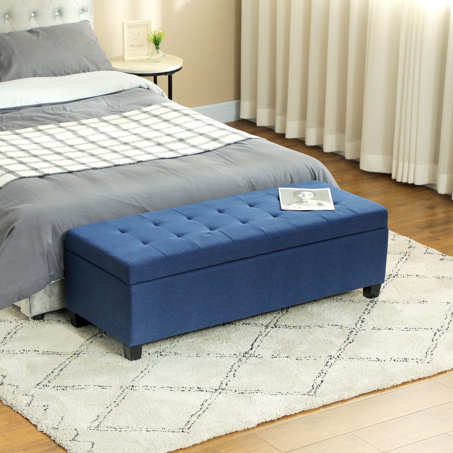 Opbergbank – Zitbank – Halbank – Opbergbank – Poef – Stofbekleding – Diepblauw – Ruime Opbergruimte – 125 cm Breed