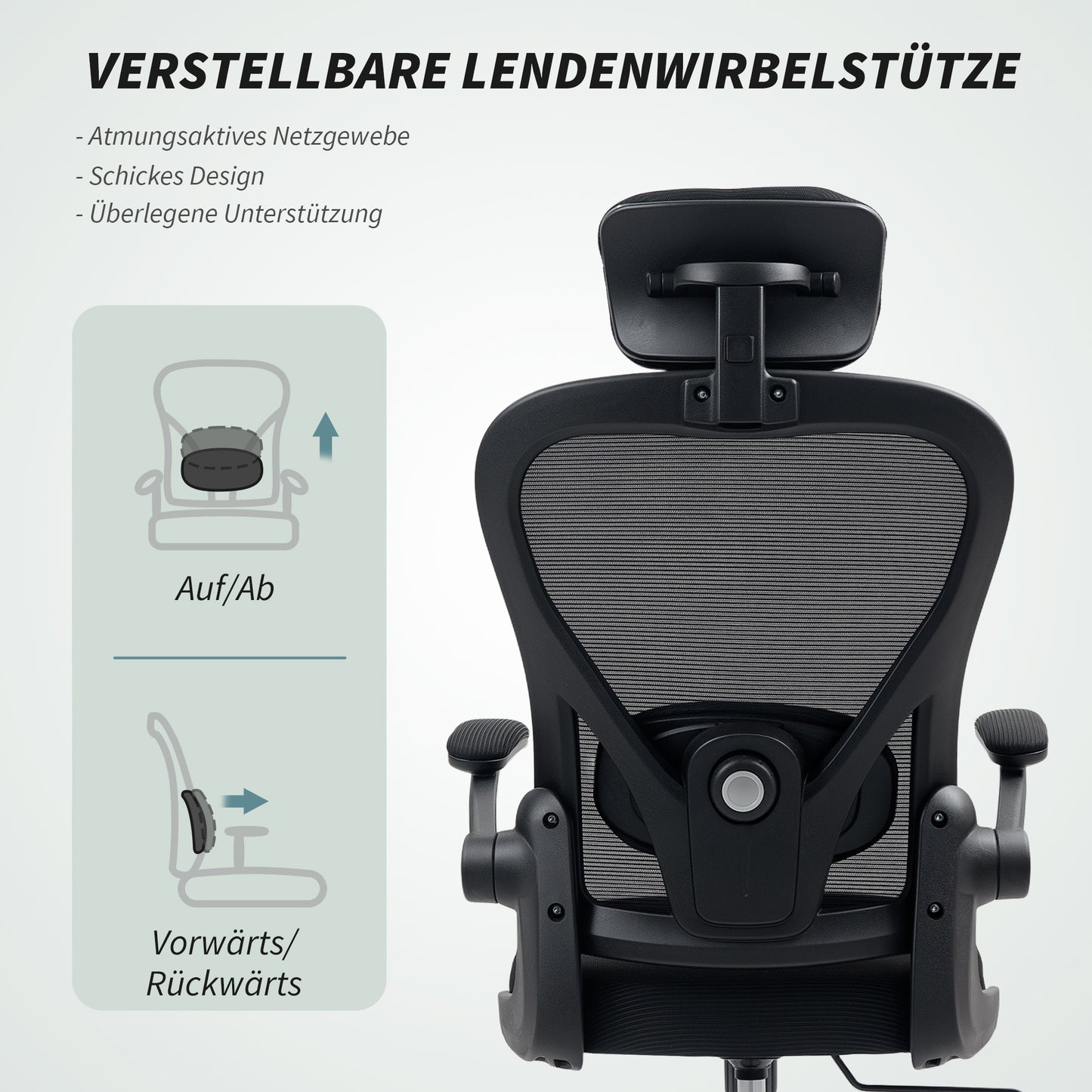 Ergonomische bureaustoel – Comfortabele werkstoel – Office chair – Desk chair – Zwarte bureaustoel – Verstelbare lendensteun – Opklapbare armleuningen