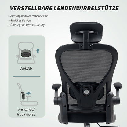 Ergonomische bureaustoel – Comfortabele werkstoel – Office chair – Desk chair – Zwarte bureaustoel – Verstelbare lendensteun – Opklapbare armleuningen