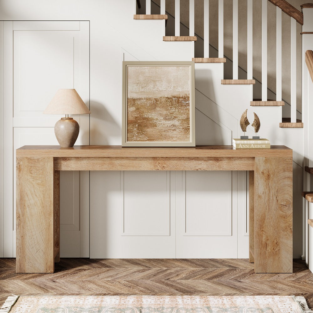 63-Inch Extra Long Console Table Suitable for Entryway, Living Room - Modern Farmhouse Sofa Table with Light Oak Brown Engineered Wood Top & Narrow Space-Saving Design, Easy Assembly for Hallway, Apartment, Small Spaces - Dur