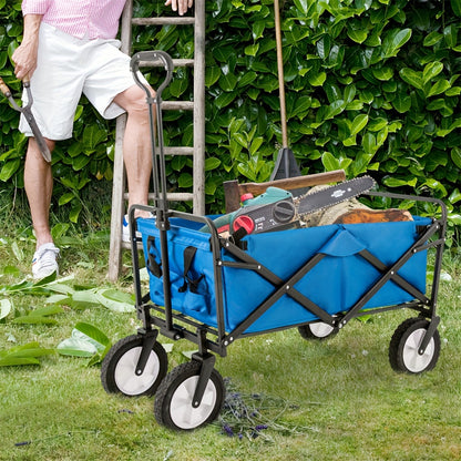 Bolderkar – Bolderwagen – Opvouwbare Handkar – Strandkar – Tuinkar – 360° Draaibare Voorwielen – Verstelbare Handgreep – Blauw – Met Bekerhouder En Zijvak