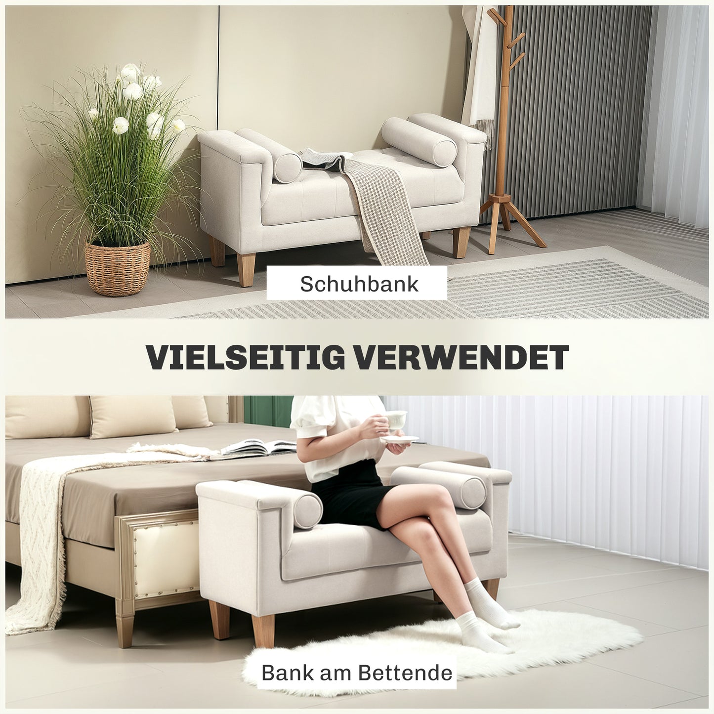 Schoenenbank – Opbergbank – Zitbank – Schoenenkast – Bankje – Gestoffeerd Chenille – Met Zitkussen en Bergruimte – 115x44x58 cm – Houten Frame – Beige