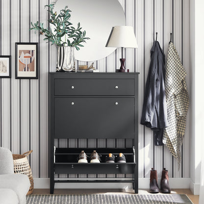 Schoenenkast – Schoenenrek – Schoenenkast – Schoenopberger – Schoenentoren – 2 Kleppen – Ingebouwde Lade – MDF – Slank Ontwerp 80x108x25 cm – Vloerbeschermers – Stijlvolle Metalen Handgrepen